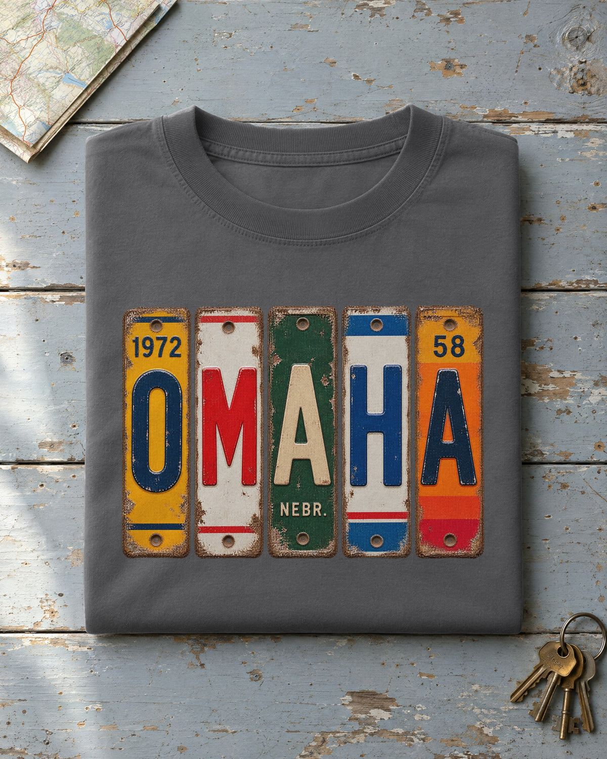 Omaha, Nebraska vintage license plate t-shirt in Pepper