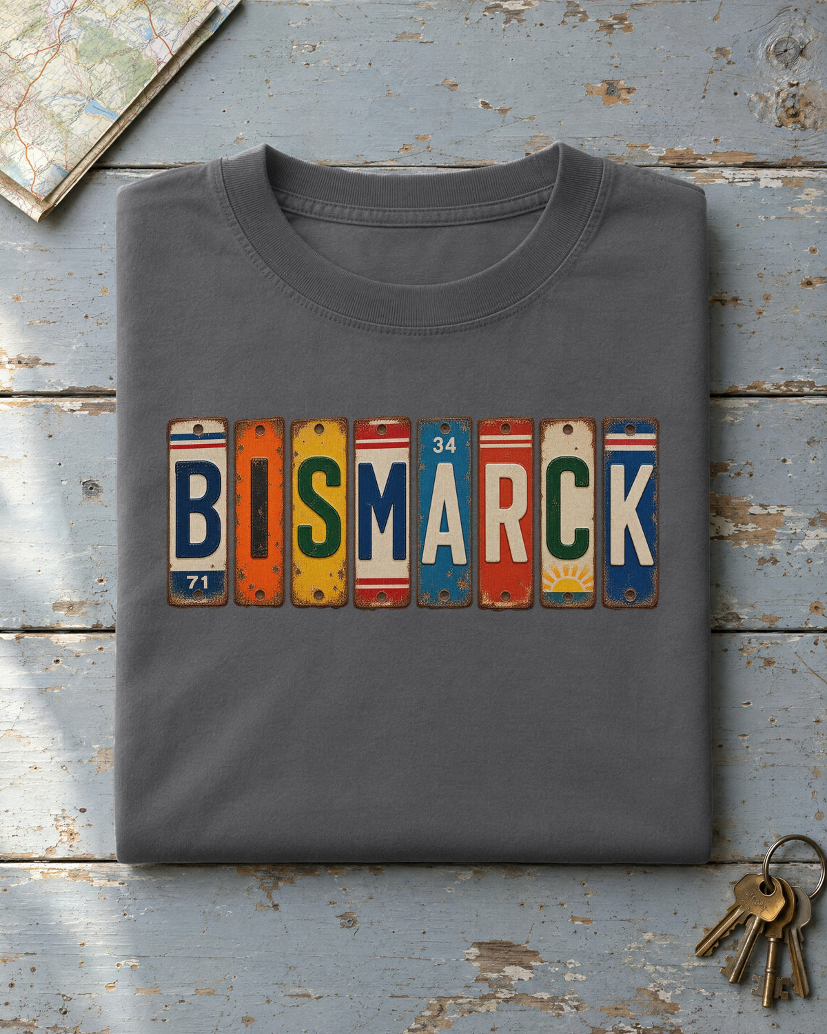 Bismarck, North Dakota vintage license plate t-shirt in Pepper
