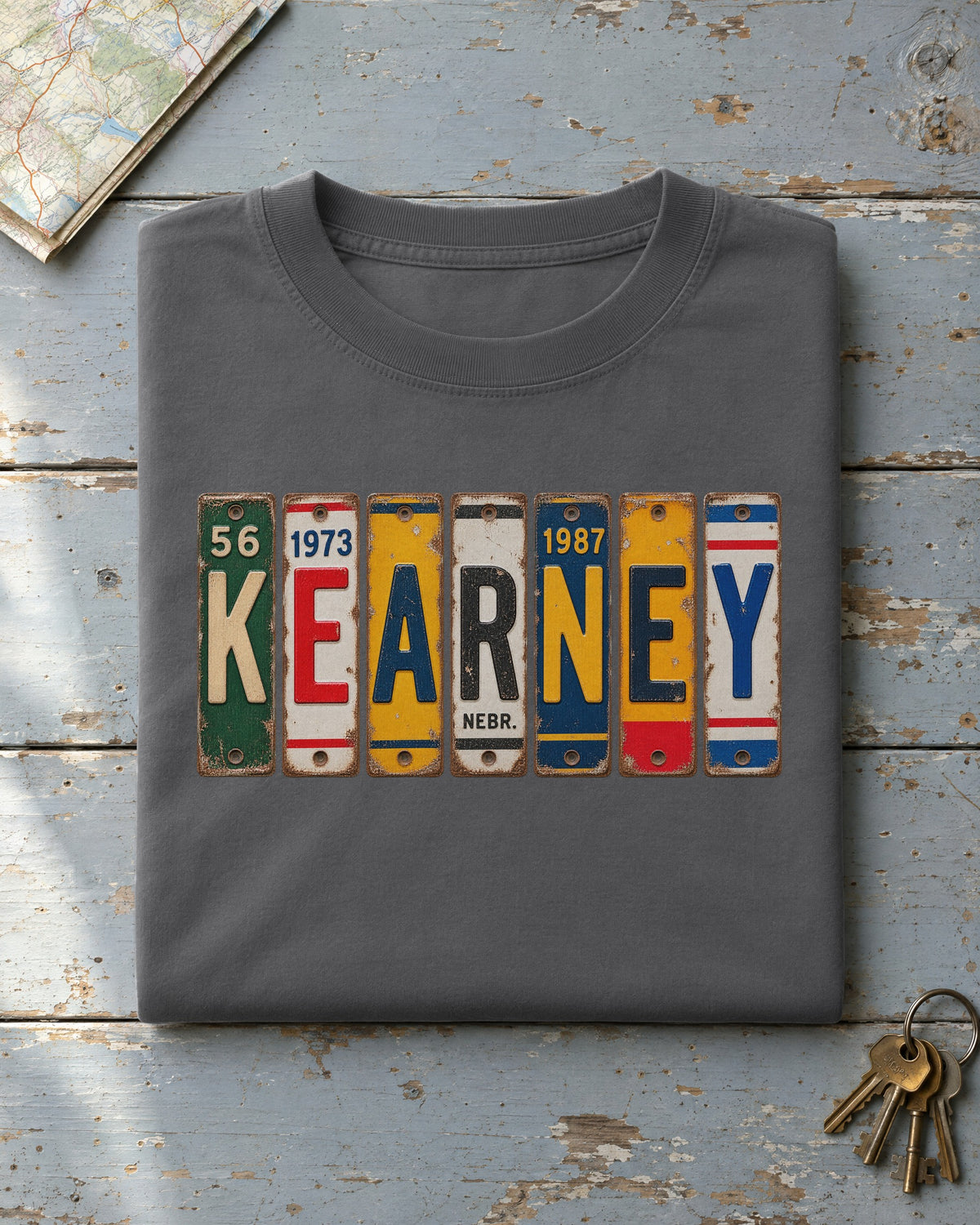 Kearney, Nebraska vintage license plate t-shirt in Pepper
