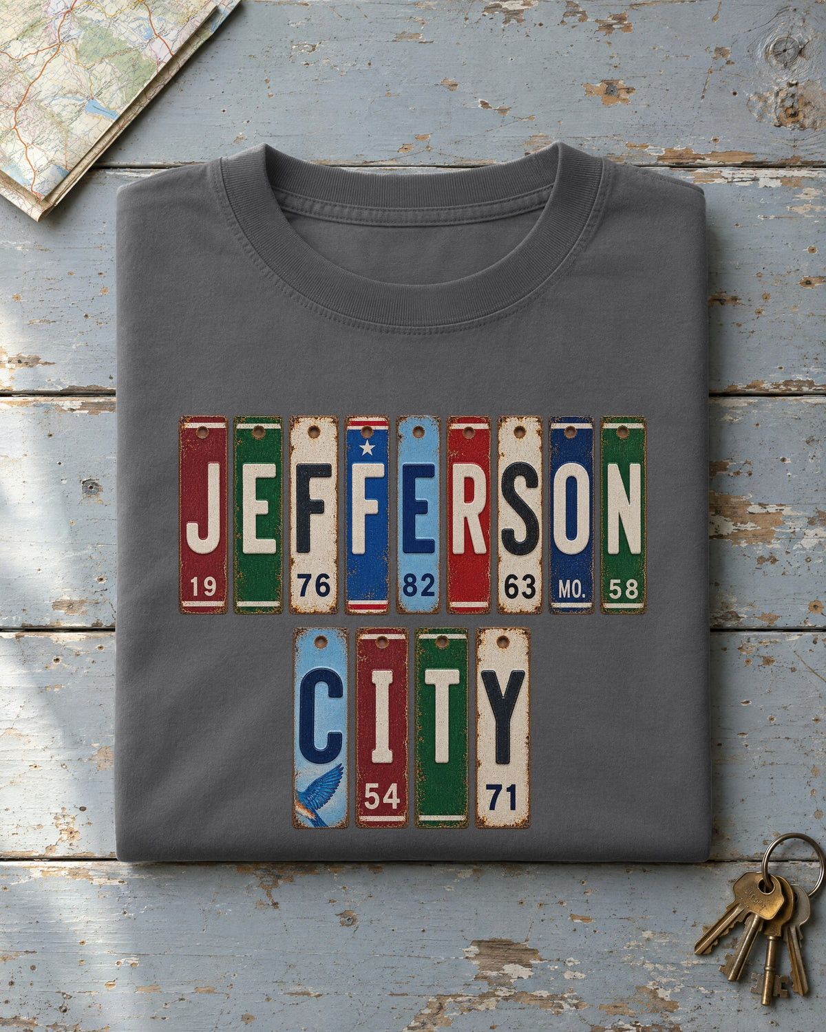 Jefferson City, Missouri vintage license plate t-shirt in Pepper