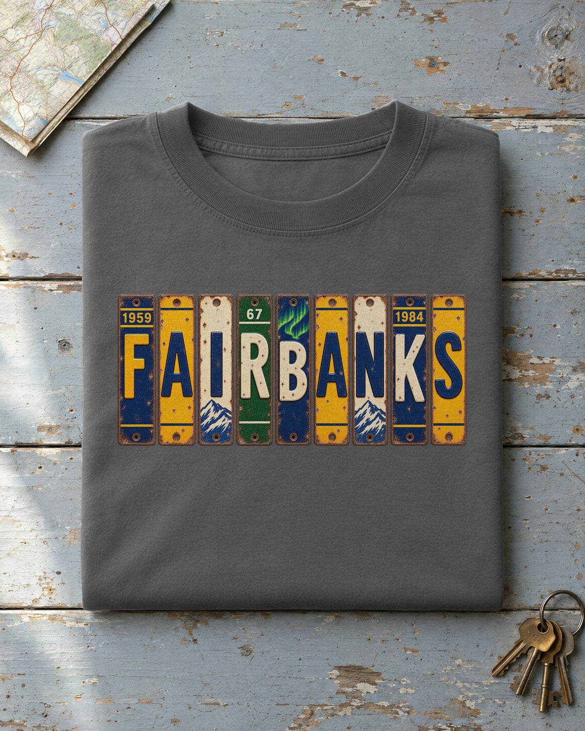 Fairbanks, Alaska vintage license plate t-shirt in Pepper