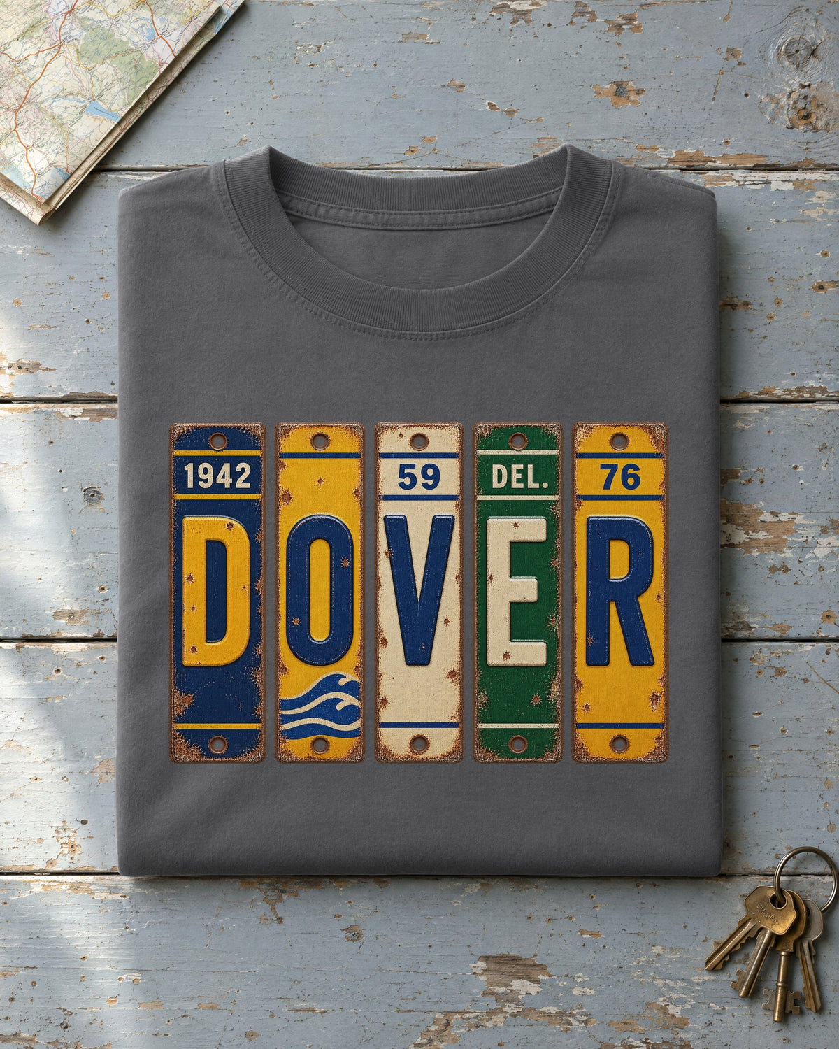 Dover, Delaware vintage license plate t-shirt in Pepper