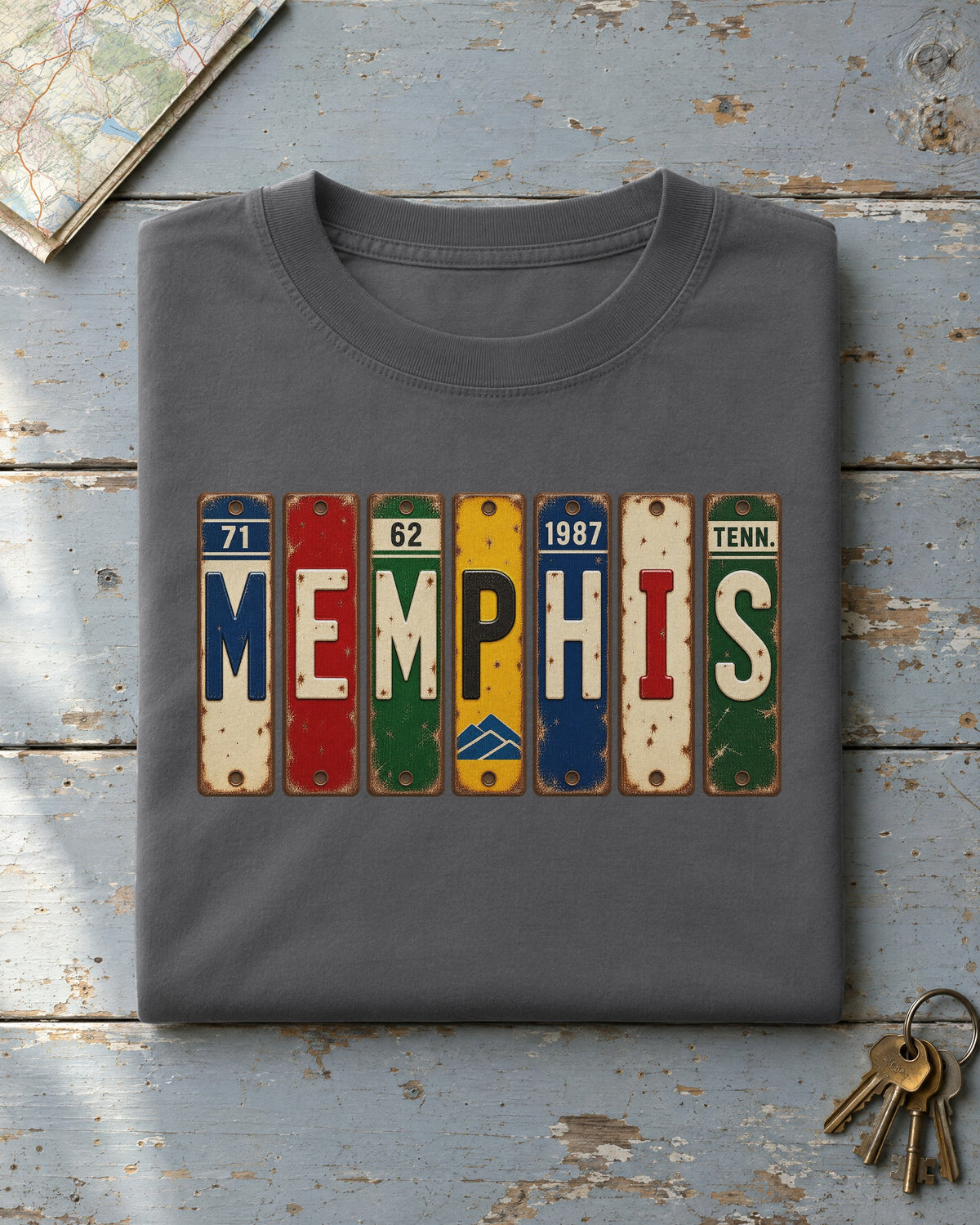 Memphis, Tennessee vintage license plate t-shirt in Pepper