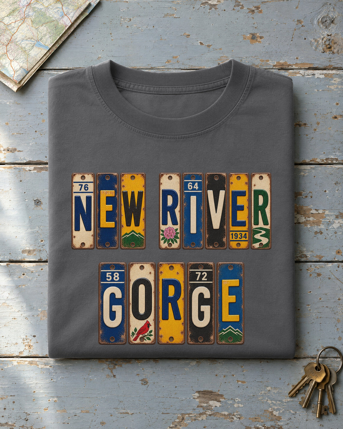 New River Gorge, West Virginia vintage license plate t-shirt in Pepper