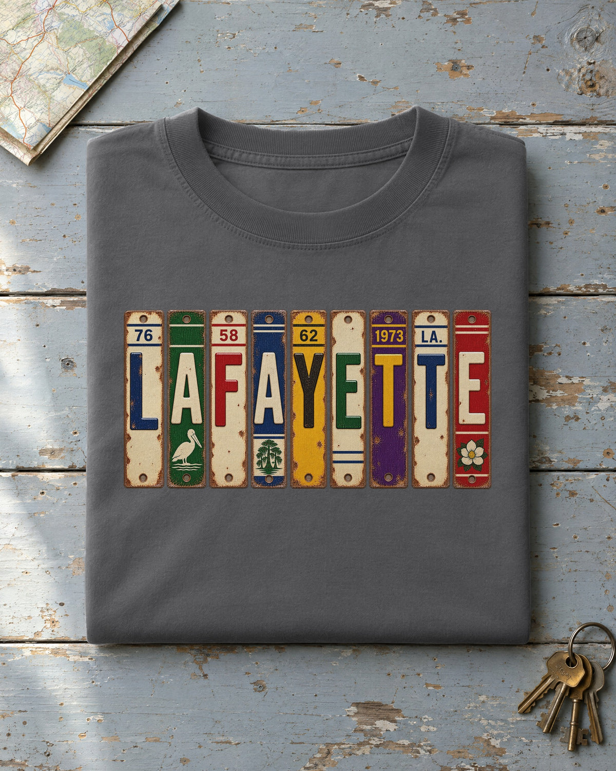 Lafayette, Louisiana vintage license plate t-shirt in Pepper