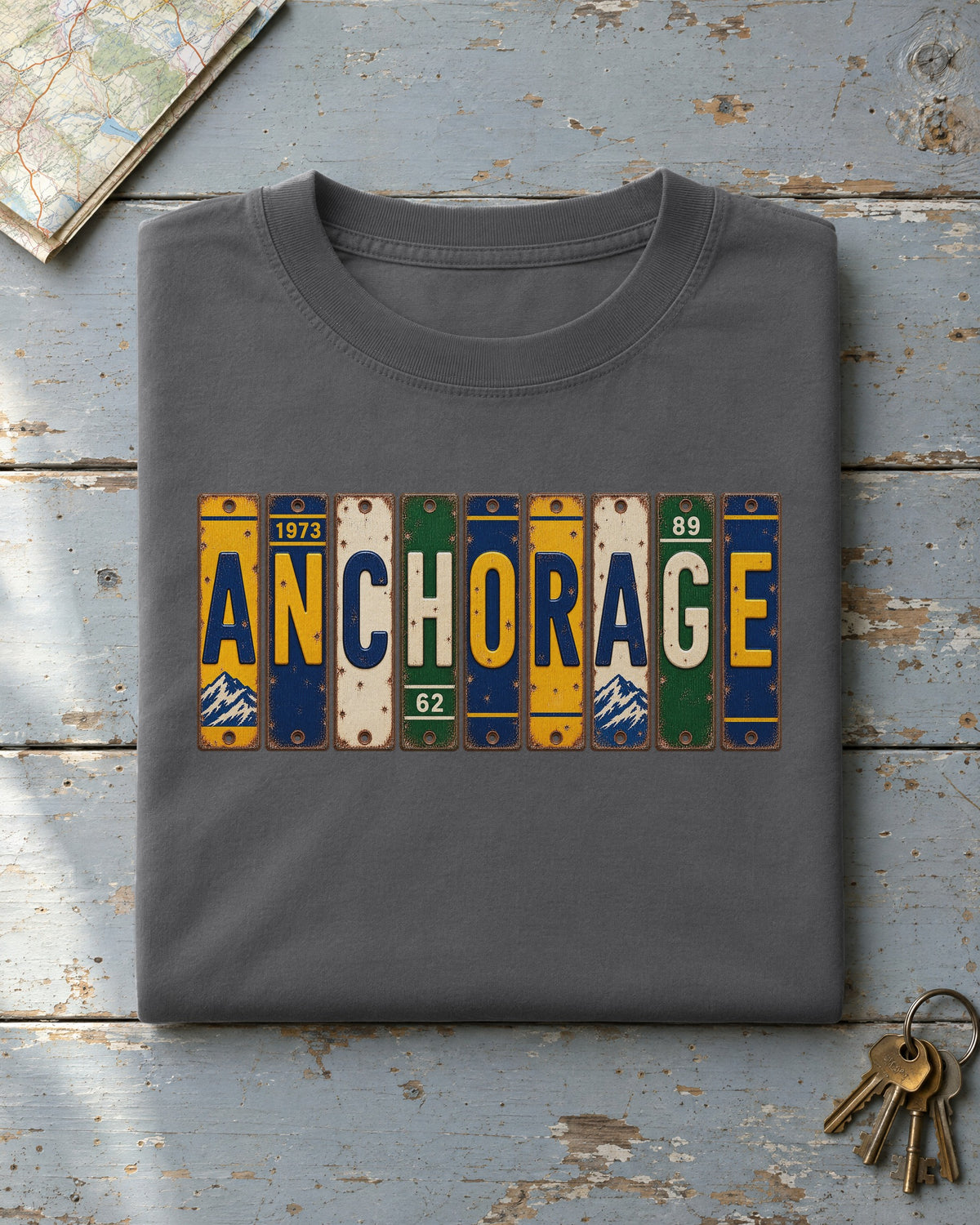 Anchorage, Alaska vintage license plate t-shirt in Pepper