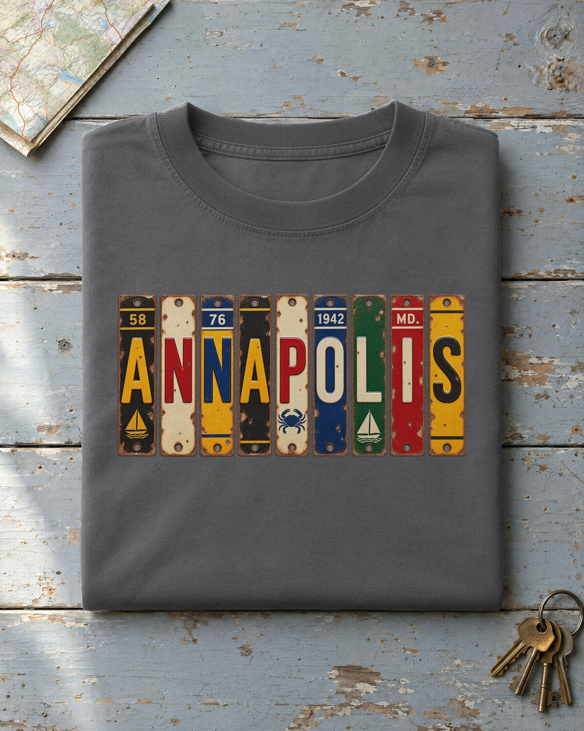 Annapolis, Maryland vintage license plate t-shirt in Pepper