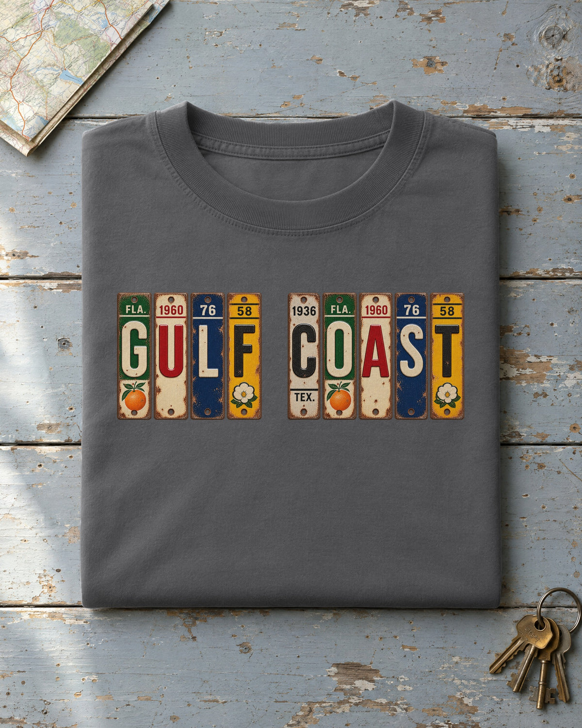 Gulf Coast vintage license plate t-shirt in Pepper