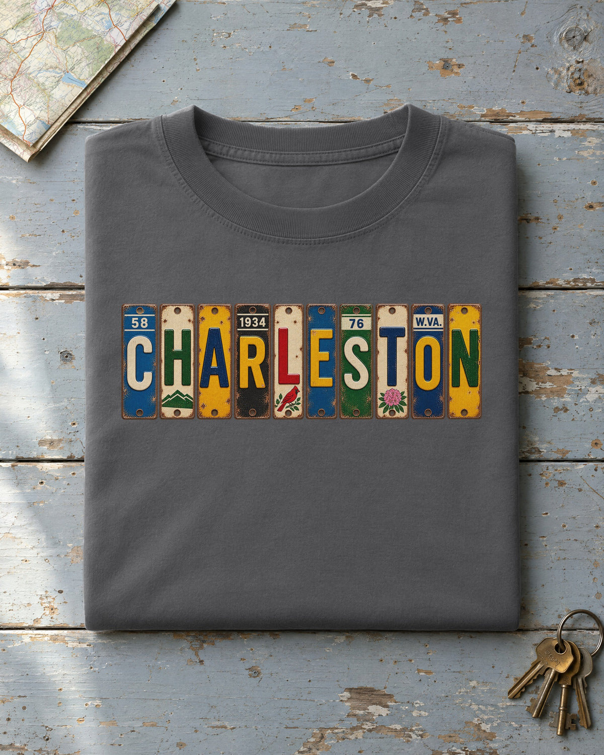 Charleston, West Virginia vintage license plate t-shirt in Pepper