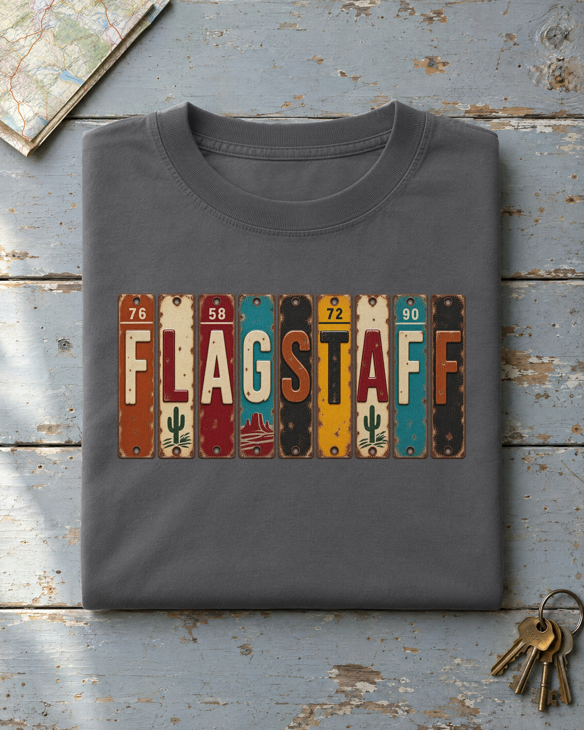Flagstaff, Arizona vintage license plate t-shirt in Pepper