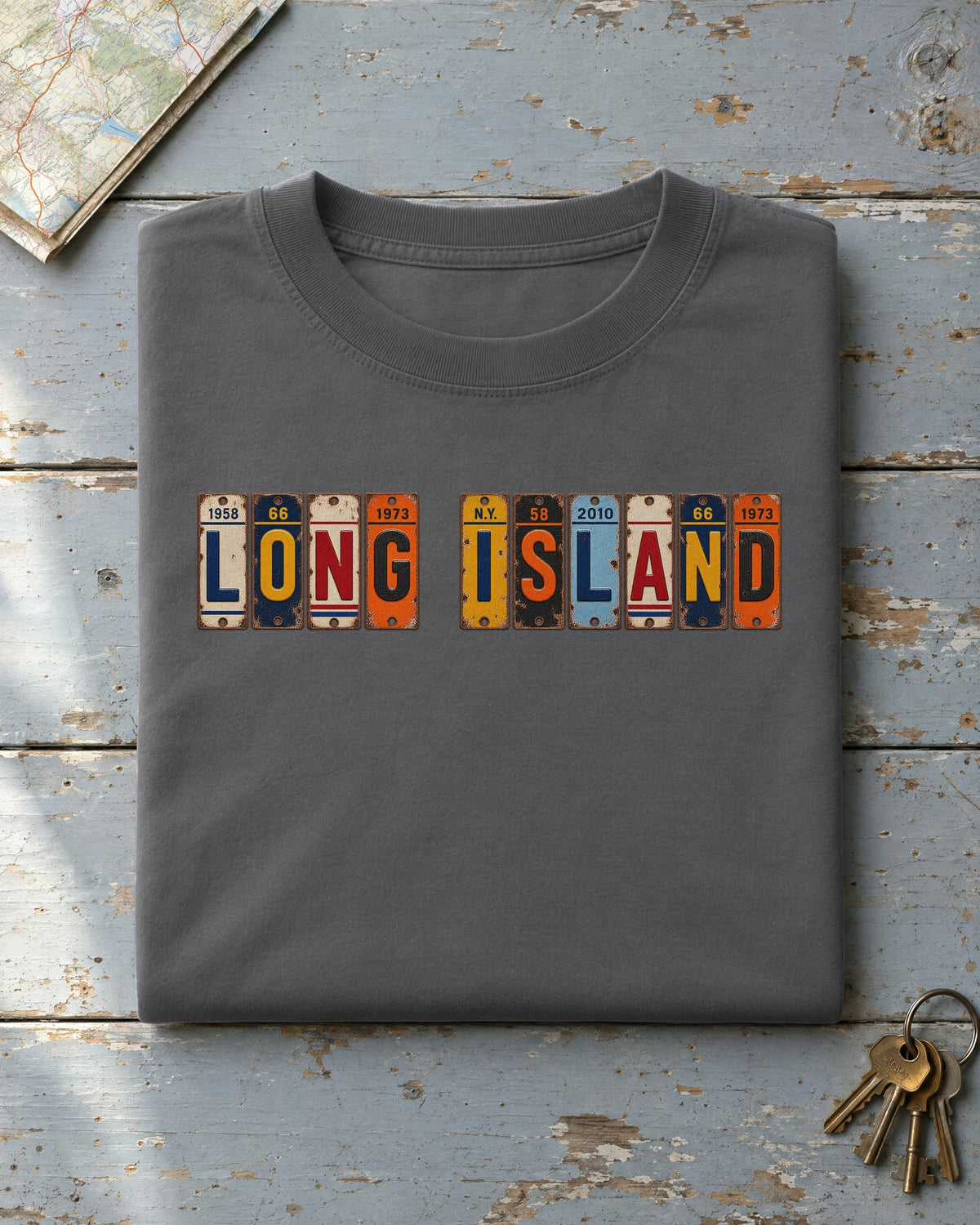 Long Island, New York vintage license plate t-shirt in Pepper