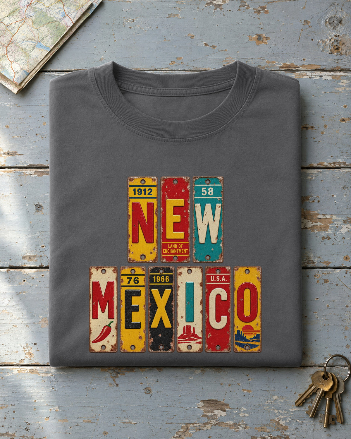New Mexico vintage license plate t-shirt in Pepper