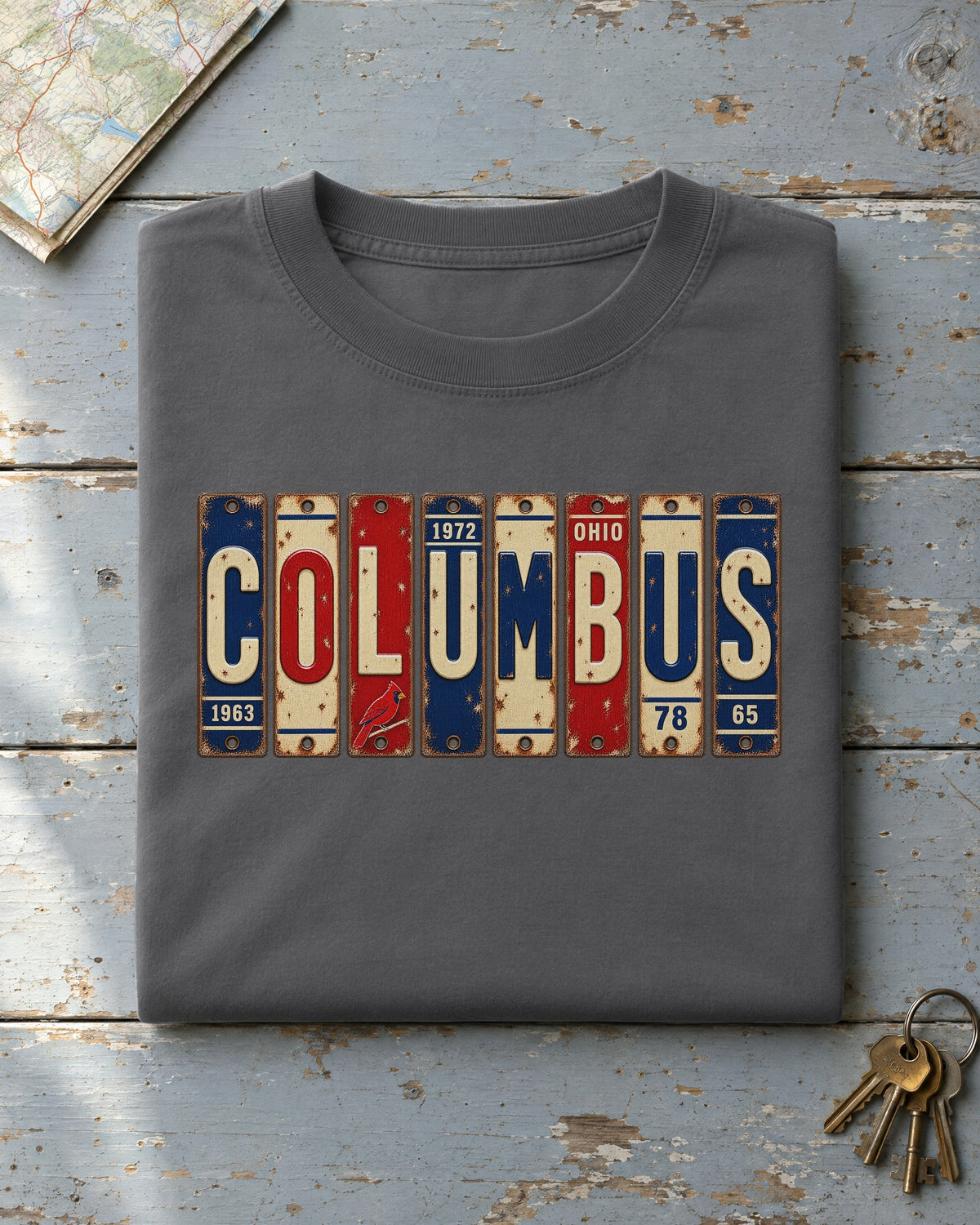 Columbus, Ohio vintage license plate t-shirt in Pepper