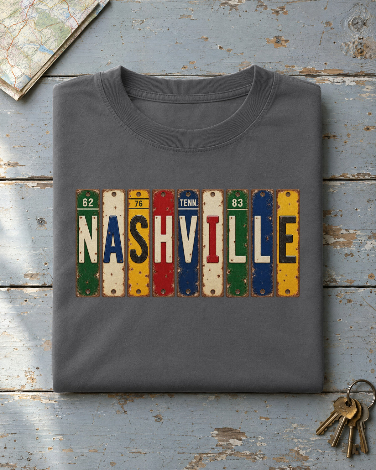 Nashville, Tennessee vintage license plate t-shirt in Pepper
