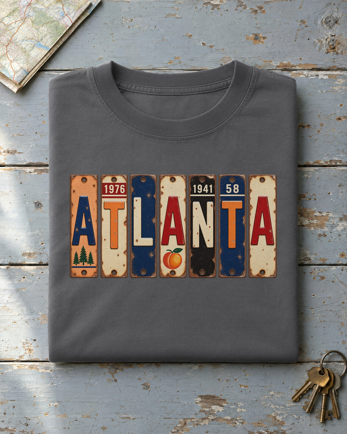 Atlanta, Georgia vintage license plate t-shirt in Pepper