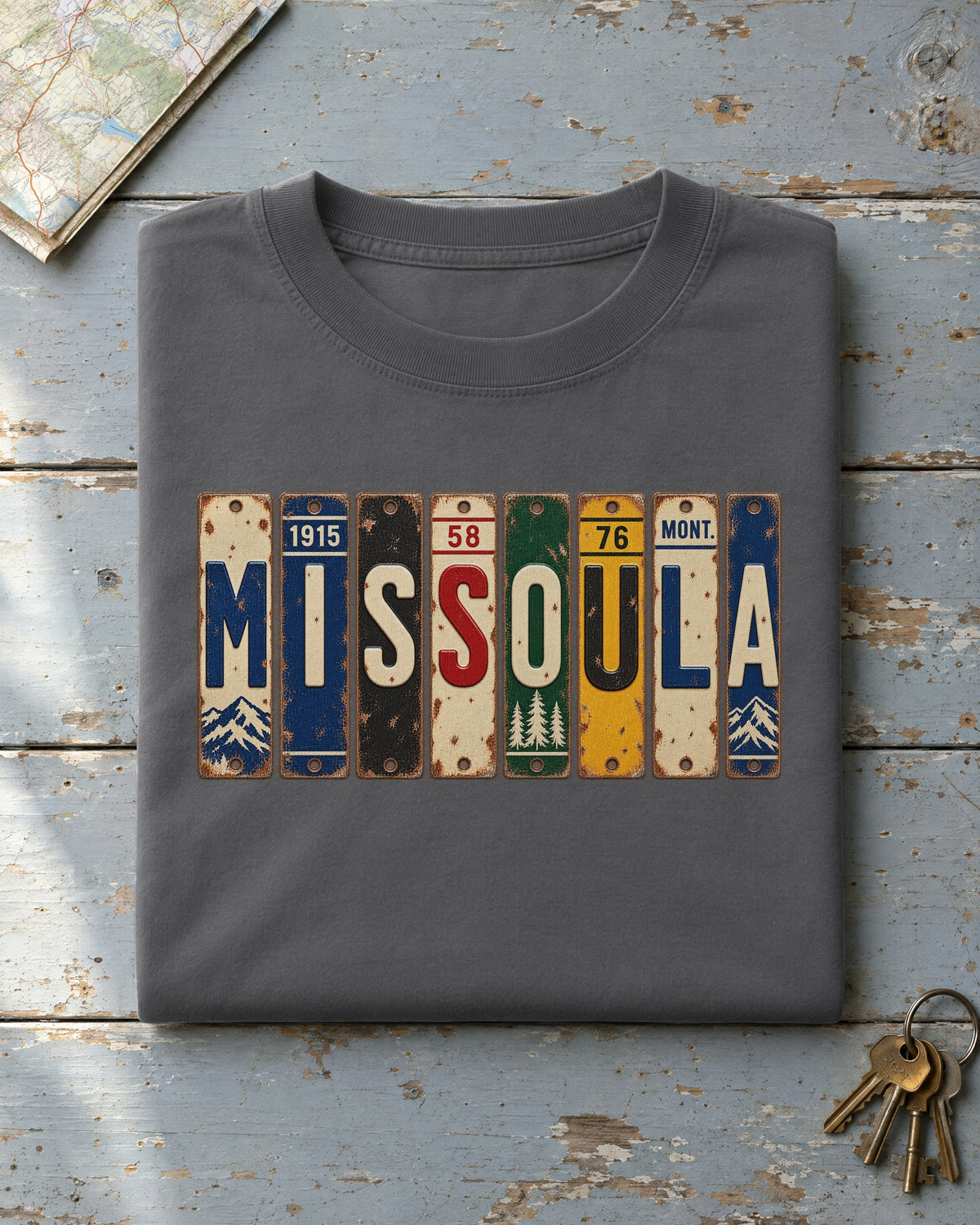 Missoula, Montana vintage license plate t-shirt in Pepper