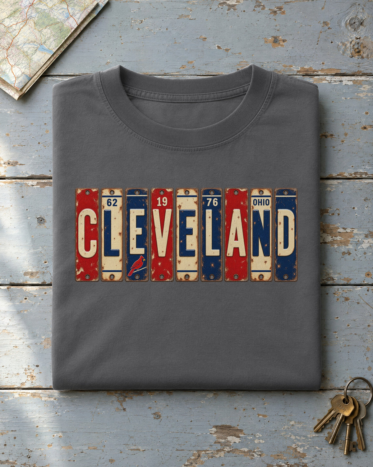 Cleveland, Ohio vintage license plate t-shirt in Pepper