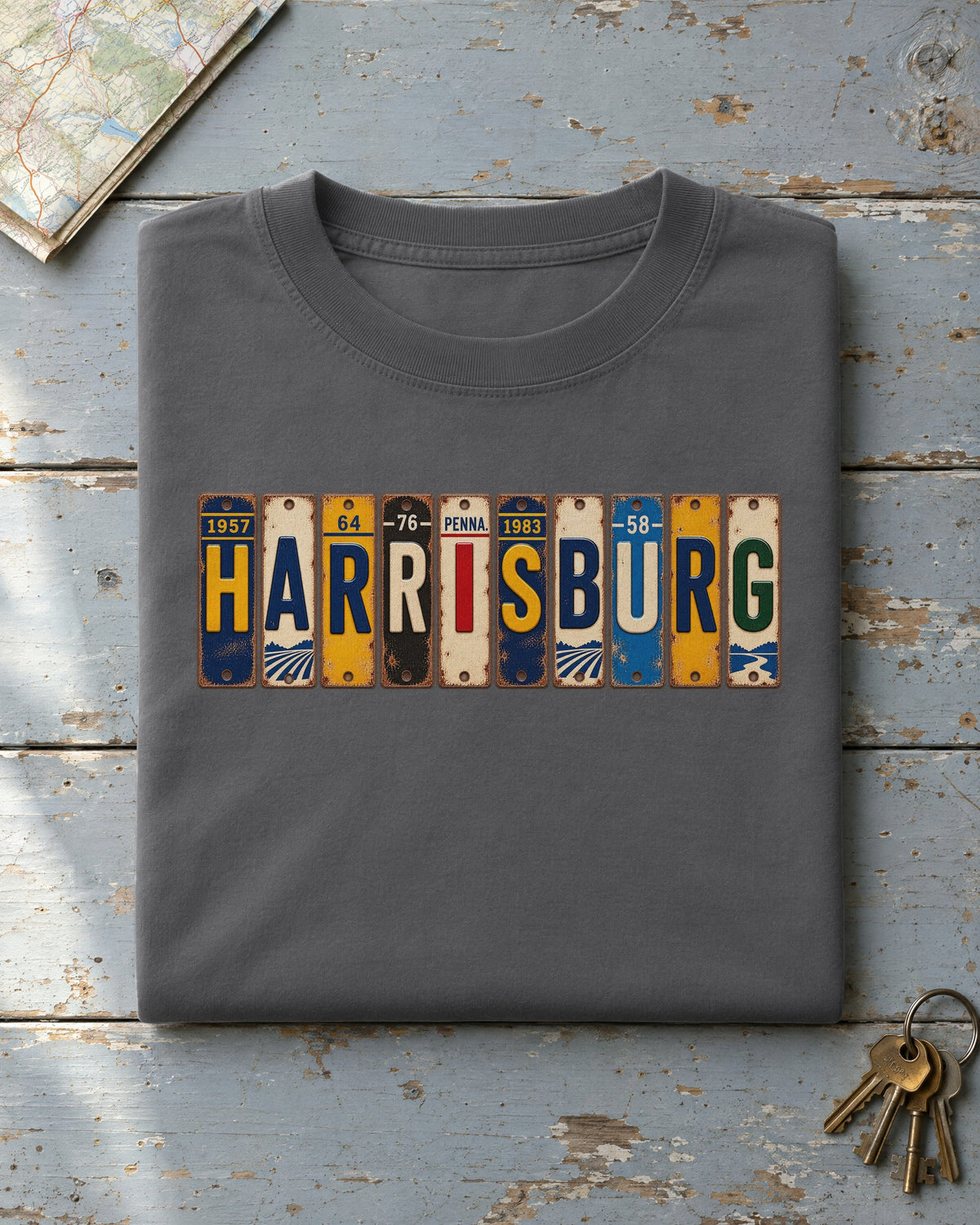 Harrisburg, Pennsylvania vintage license plate t-shirt in Pepper