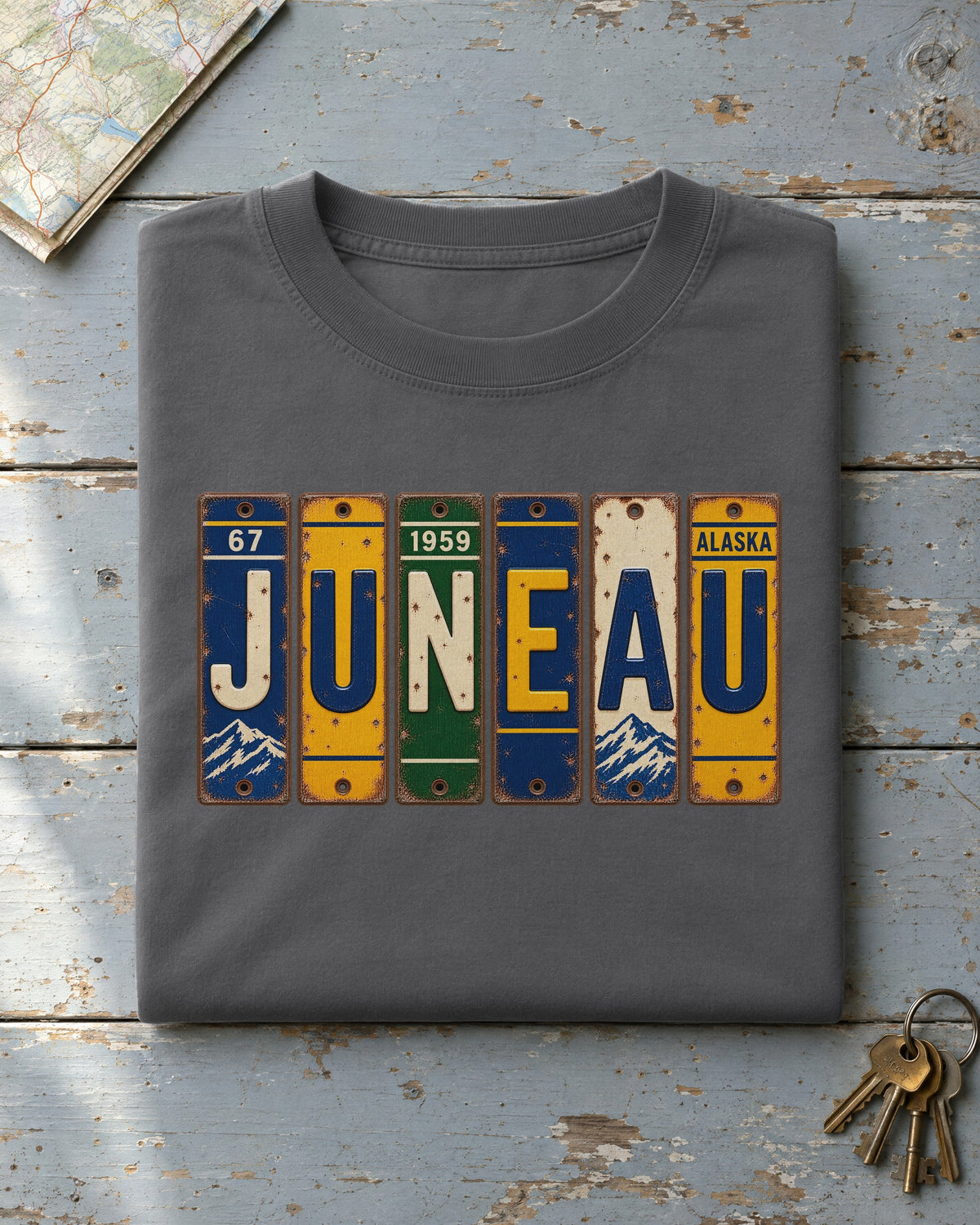 Juneau, Alaska vintage license plate t-shirt in Pepper