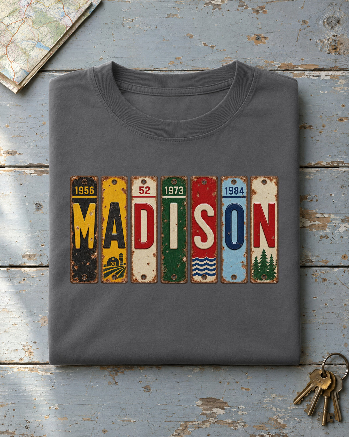 Madison, Wisconsin vintage license plate t-shirt in Pepper