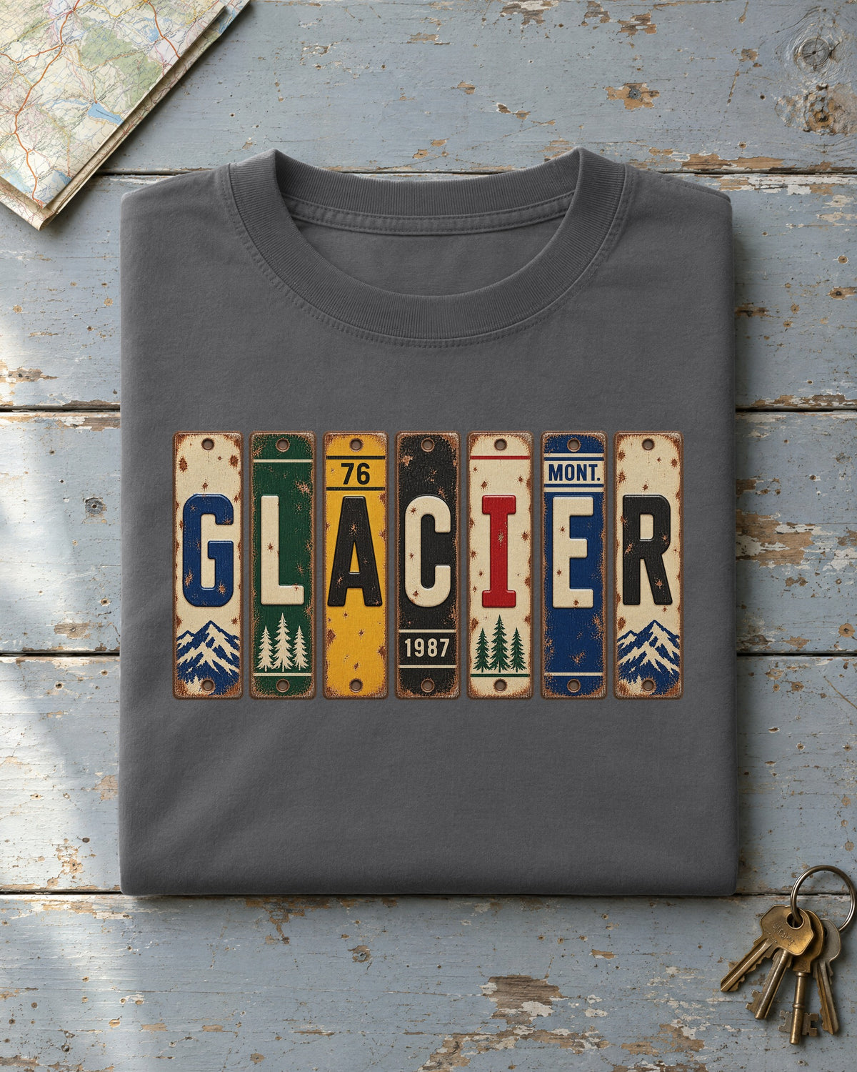 Glacier, Montana vintage license plate t-shirt in Pepper
