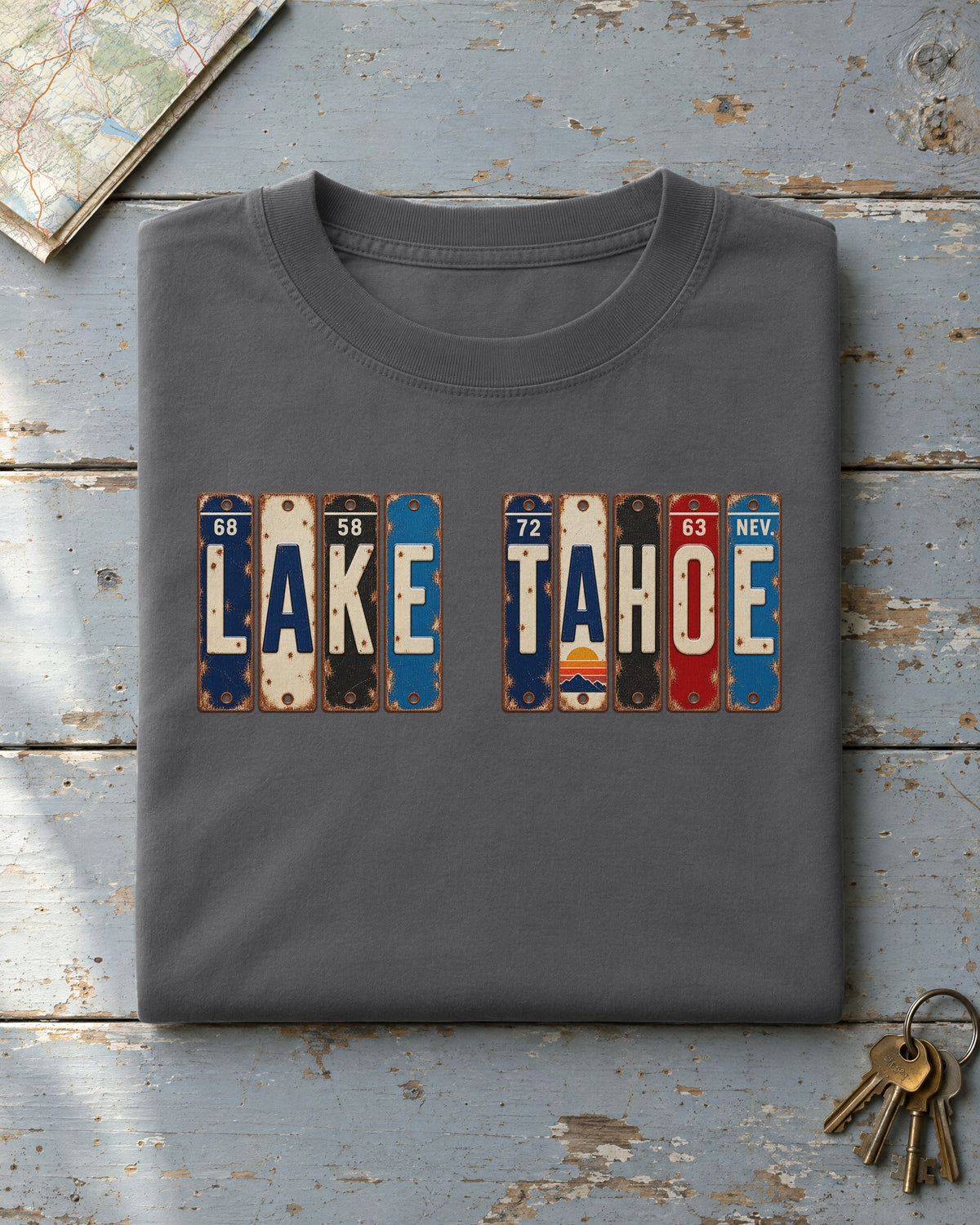 Lake Tahoe, Nevada vintage license plate t-shirt in Pepper