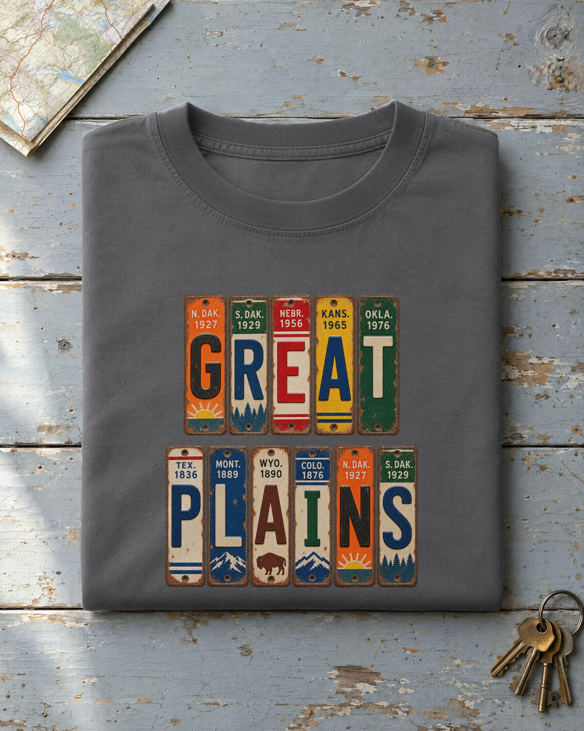 Great Plains vintage license plate t-shirt in Pepper