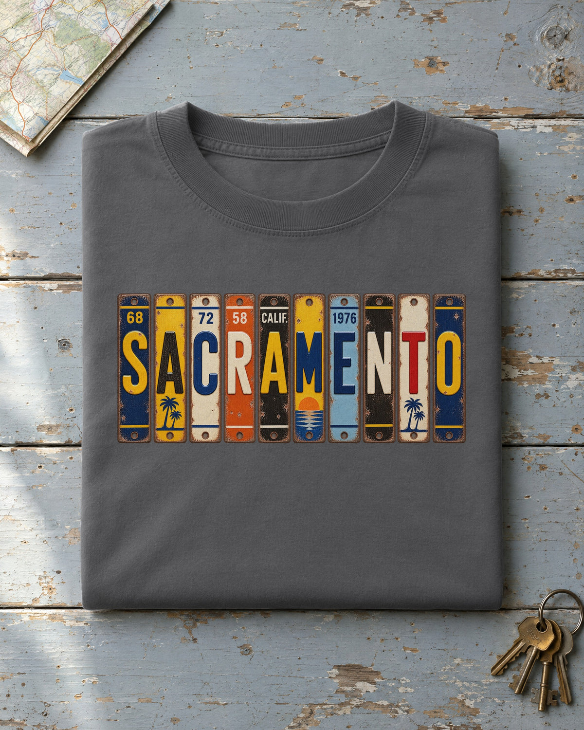 Sacramento, California vintage license plate t-shirt in Pepper