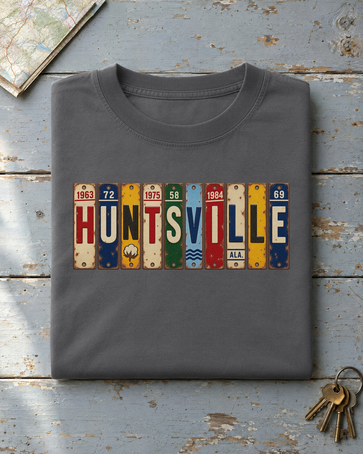Huntsville, Alabama vintage license plate t-shirt in Pepper