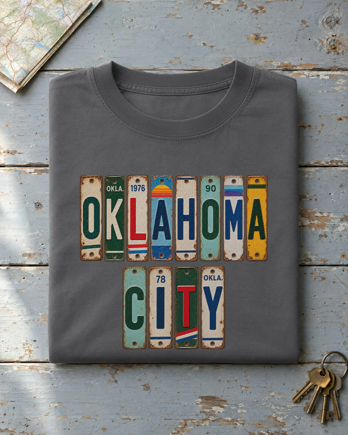 Oklahoma City, Oklahoma vintage license plate t-shirt in Pepper