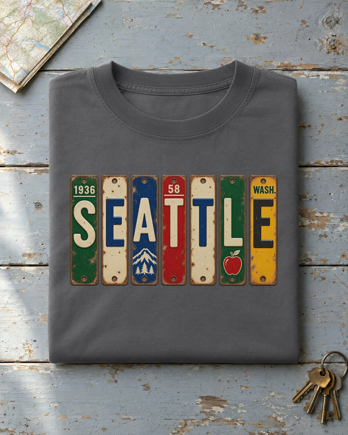 Seattle, Washington vintage license plate t-shirt in Pepper