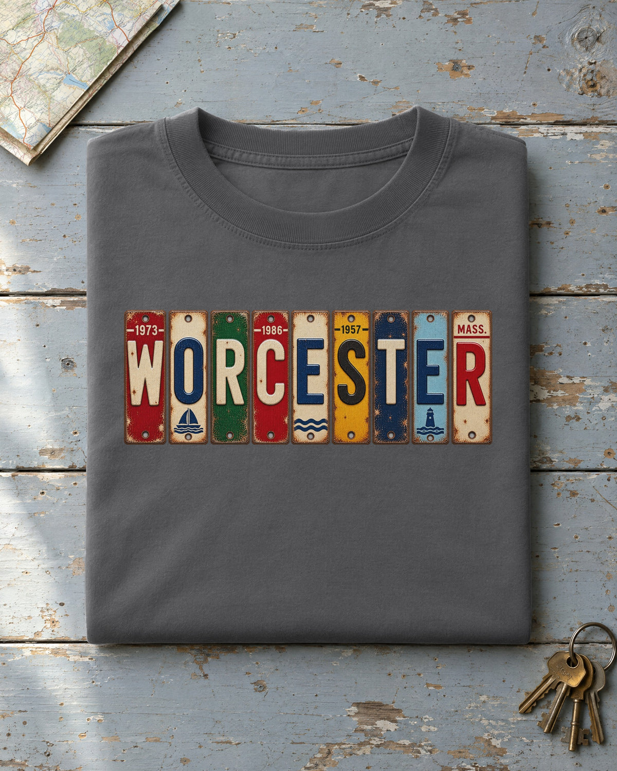 Worcester, Massachusetts vintage license plate t-shirt in Pepper