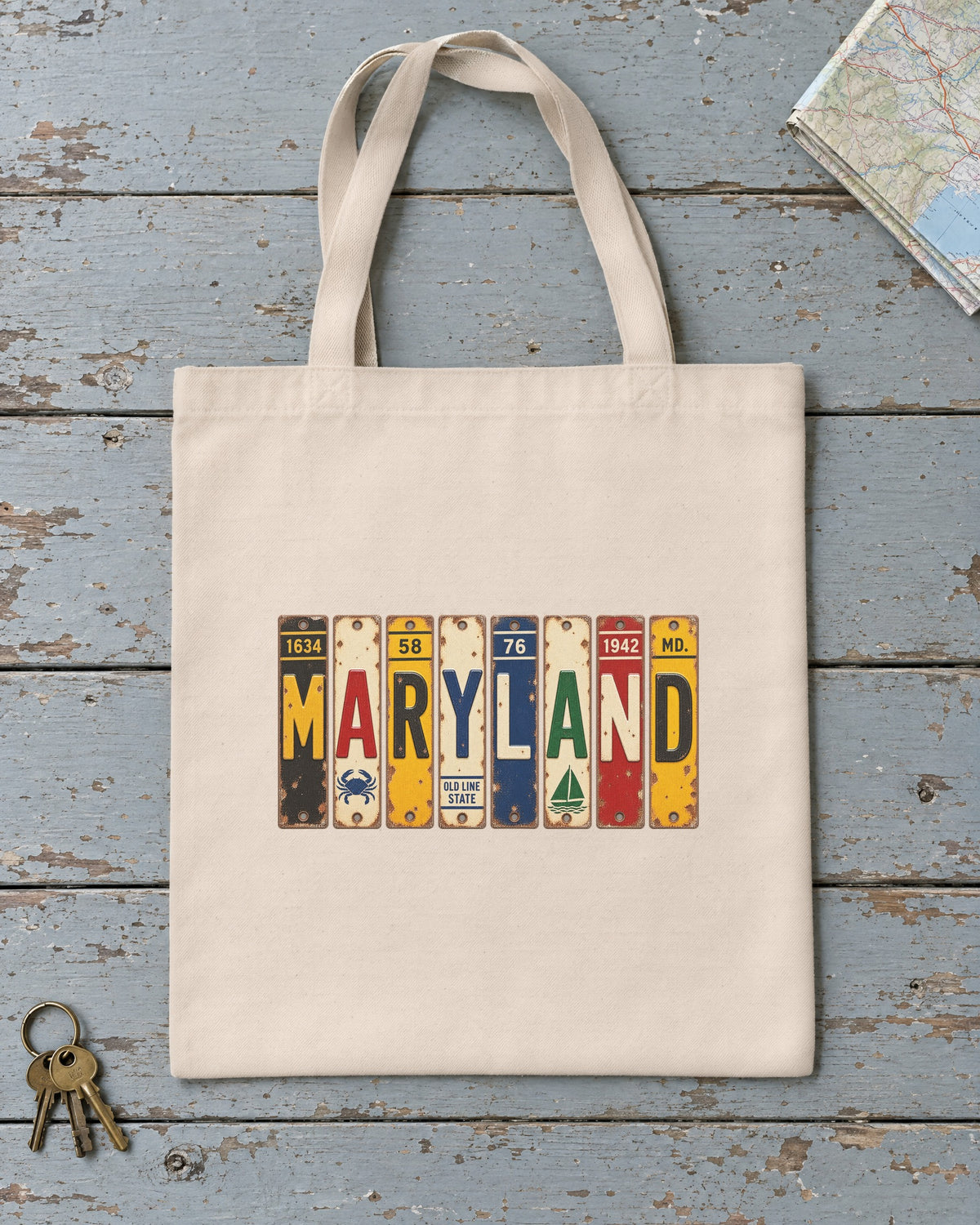 Maryland vintage license plate tote bag in Natural