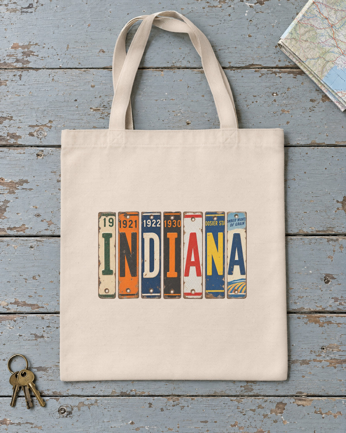 Indiana vintage license plate tote bag in Natural