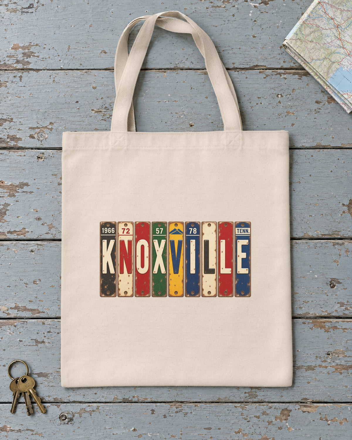 Knoxville, Tennessee vintage license plate tote bag in Natural