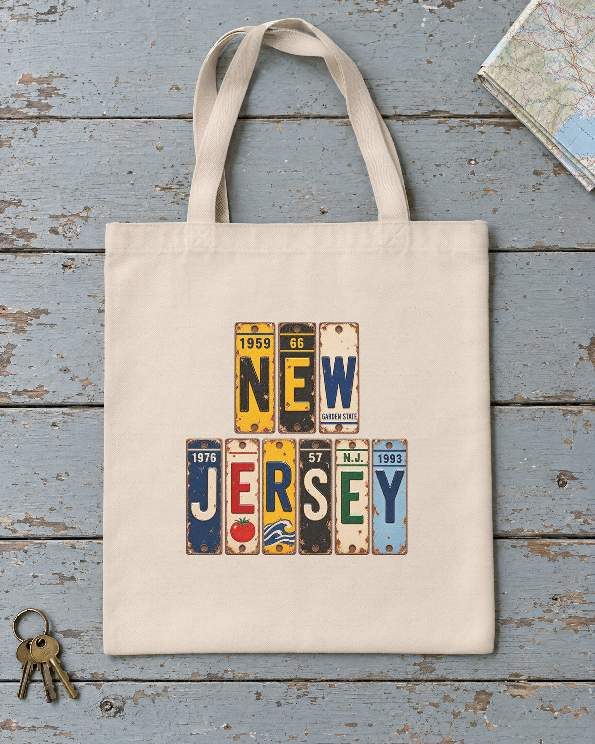 New Jersey vintage license plate tote bag in Natural