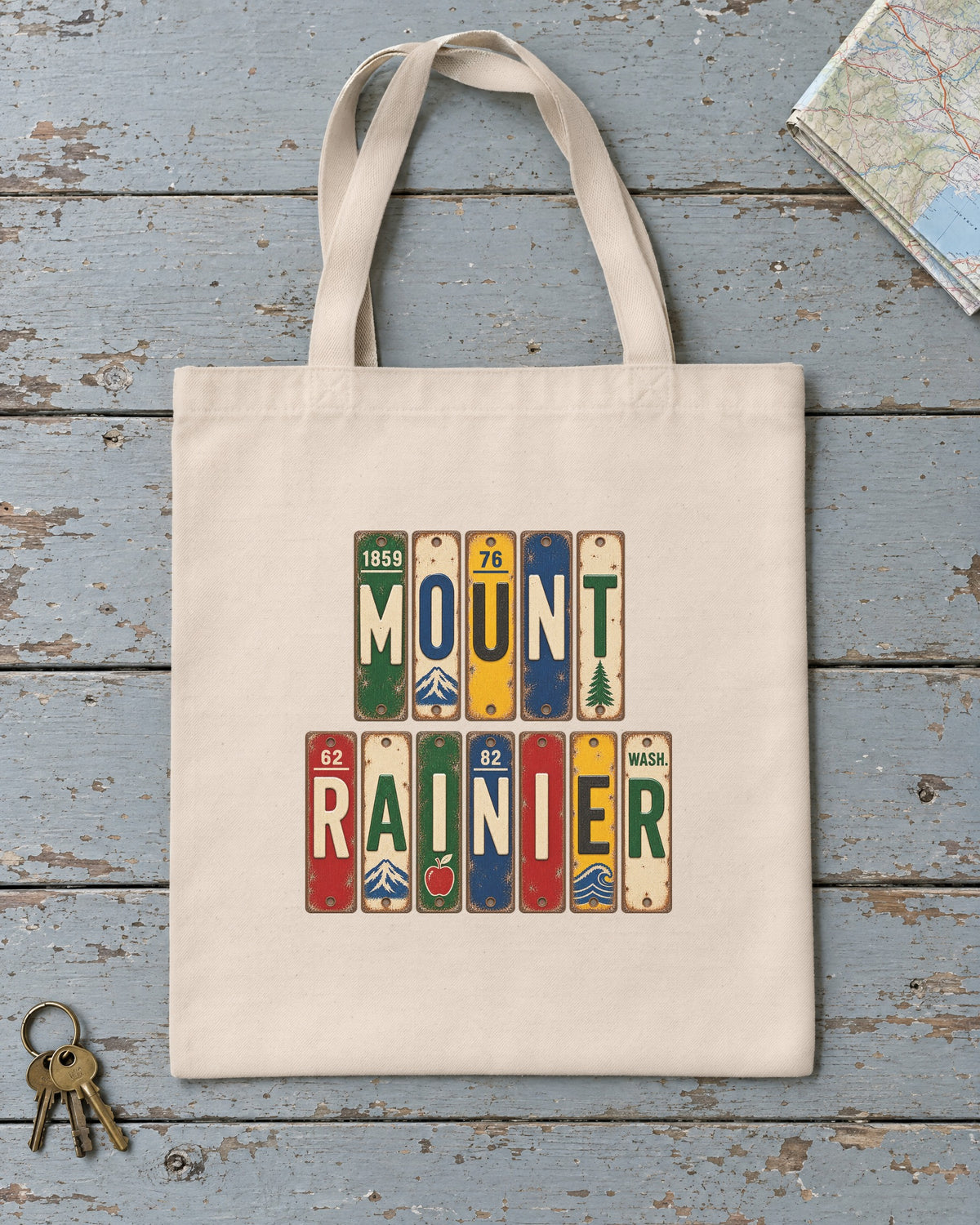 Mount Rainier, Washington vintage license plate tote bag in Natural
