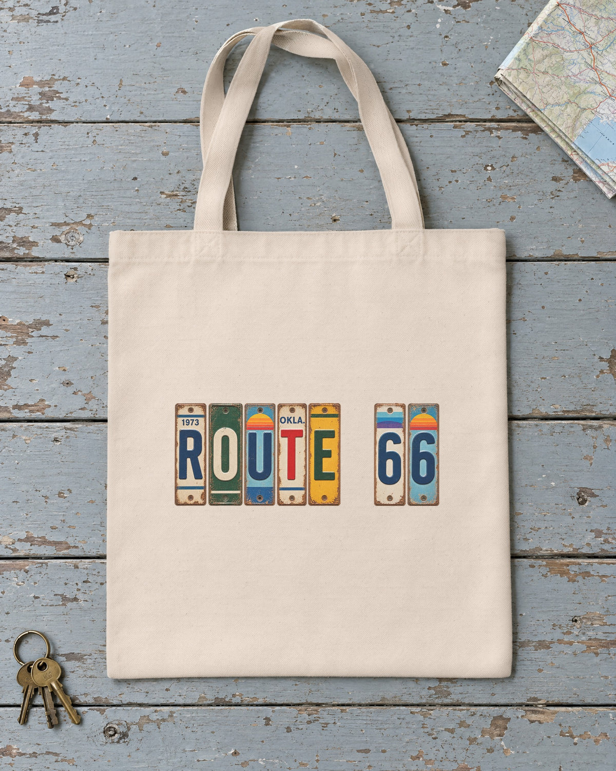 Route 66, Oklahoma vintage license plate tote bag in Natural