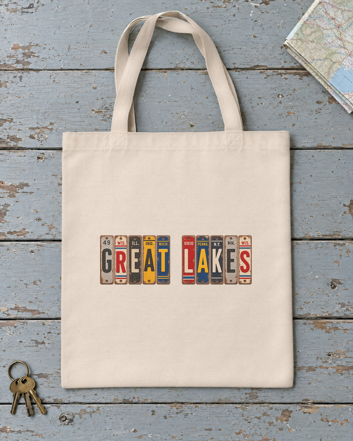 Great Lakes vintage license plate tote bag in Natural
