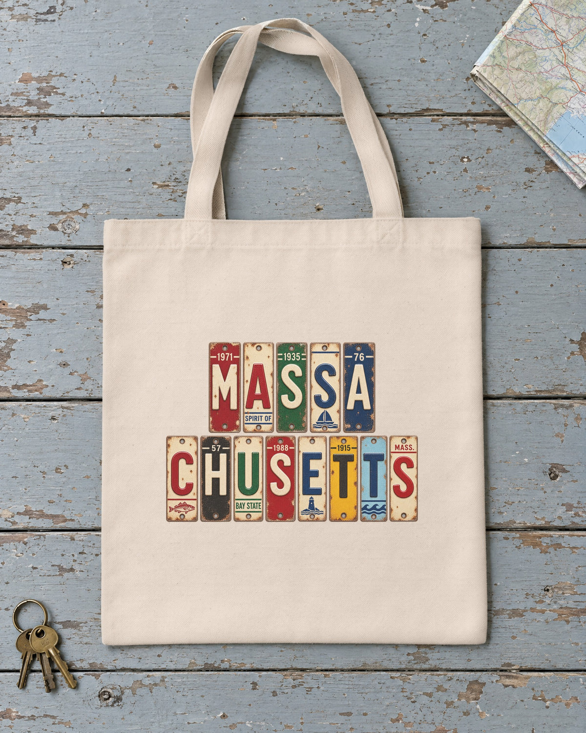 Massachusetts vintage license plate tote bag in Natural