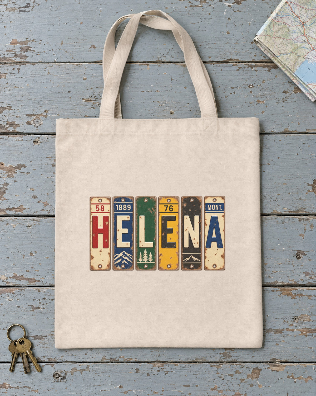 Helena, Montana vintage license plate tote bag in Natural