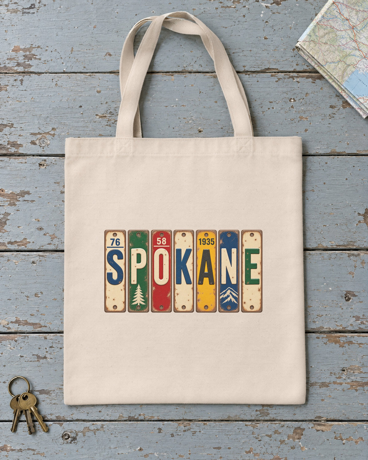 Spokane, Washington vintage license plate tote bag in Natural