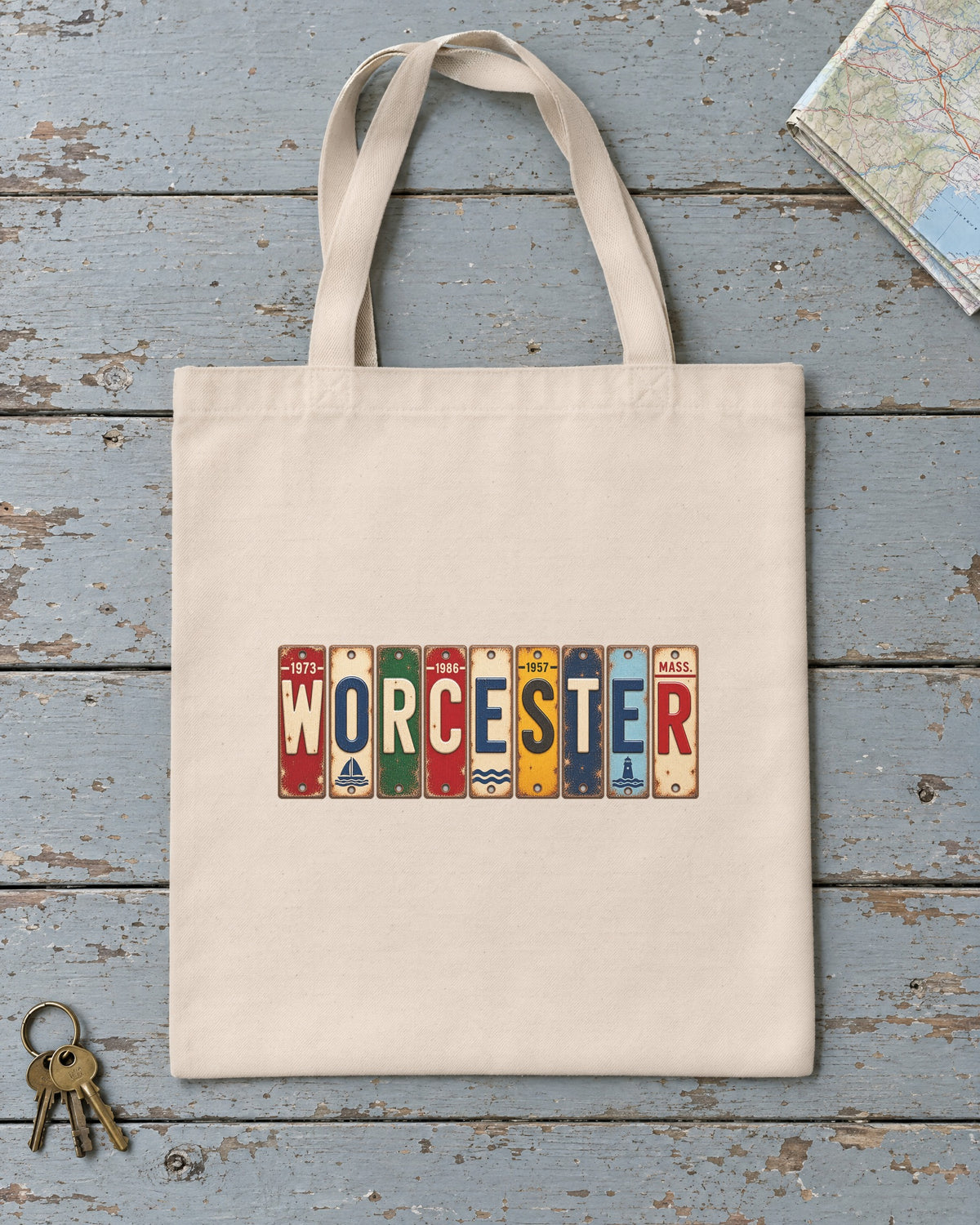 Worcester, Massachusetts vintage license plate tote bag in Natural