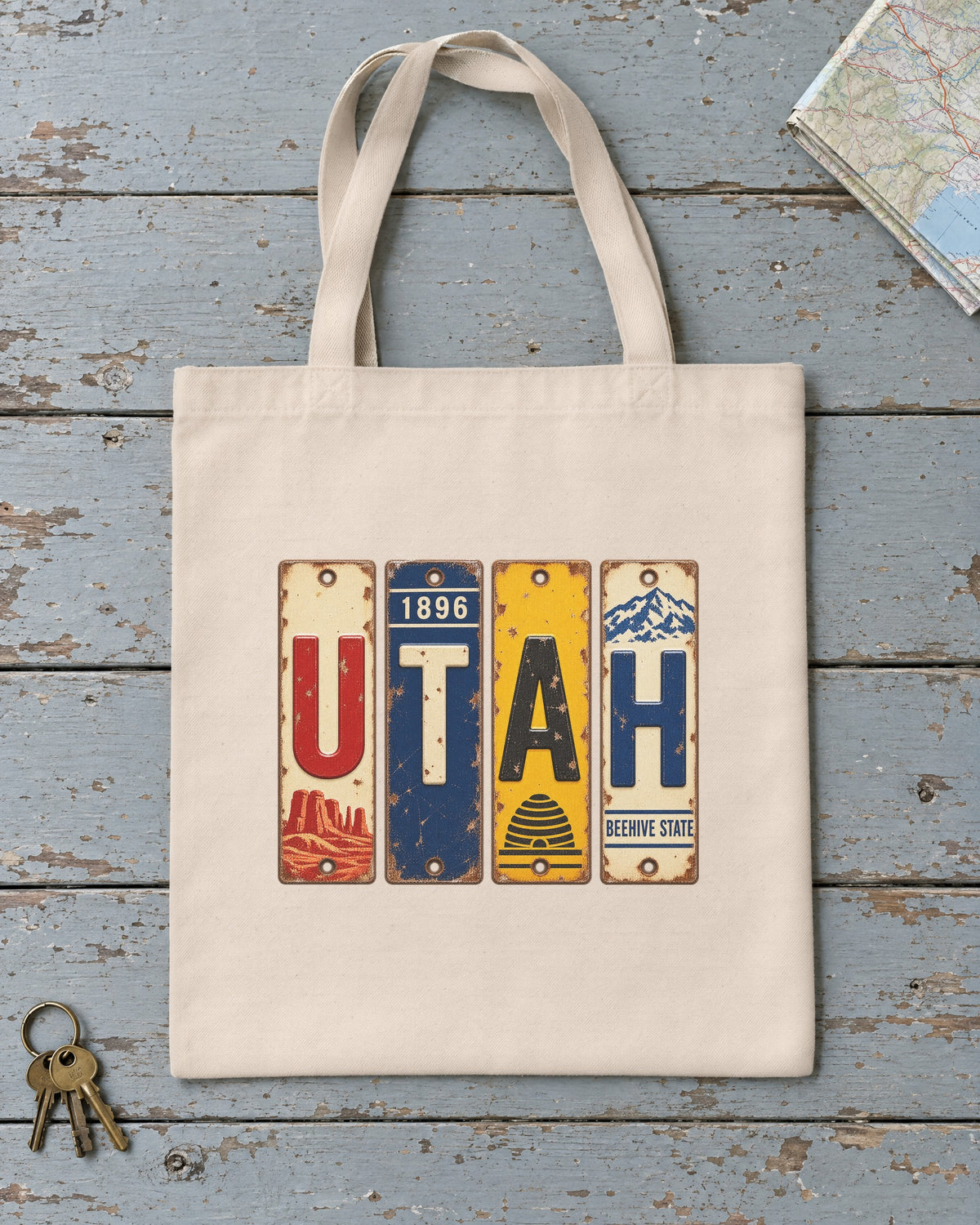 Utah vintage license plate tote bag in Natural