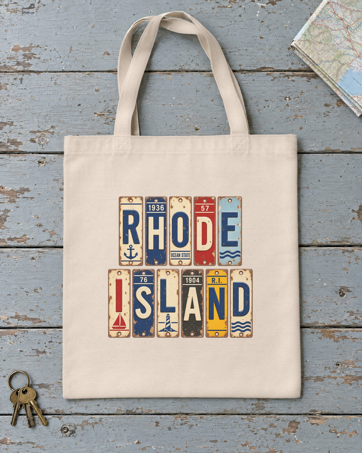Rhode Island vintage license plate tote bag in Natural