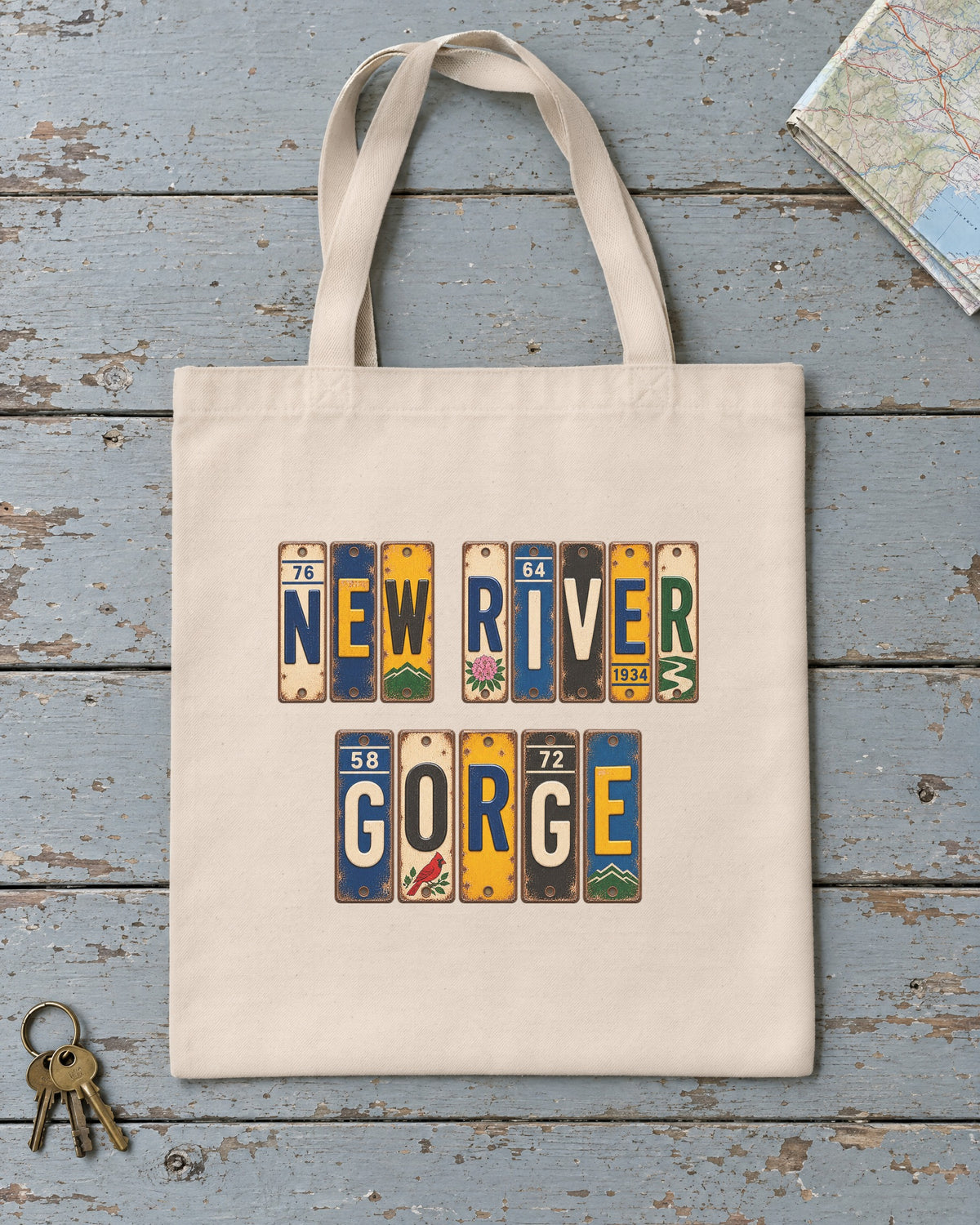 New River Gorge, West Virginia vintage license plate tote bag in Natural