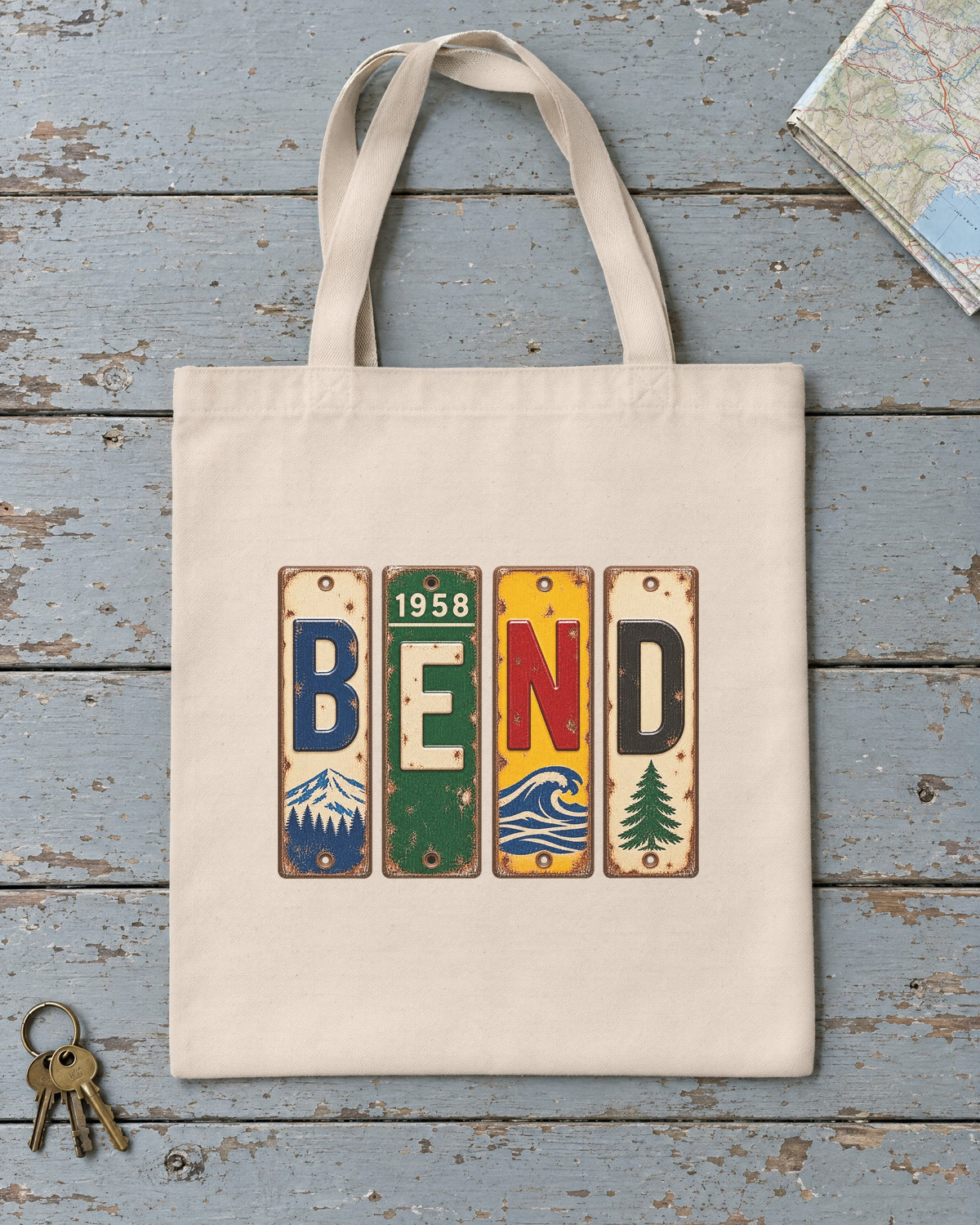 Bend, Oregon vintage license plate tote bag in Natural