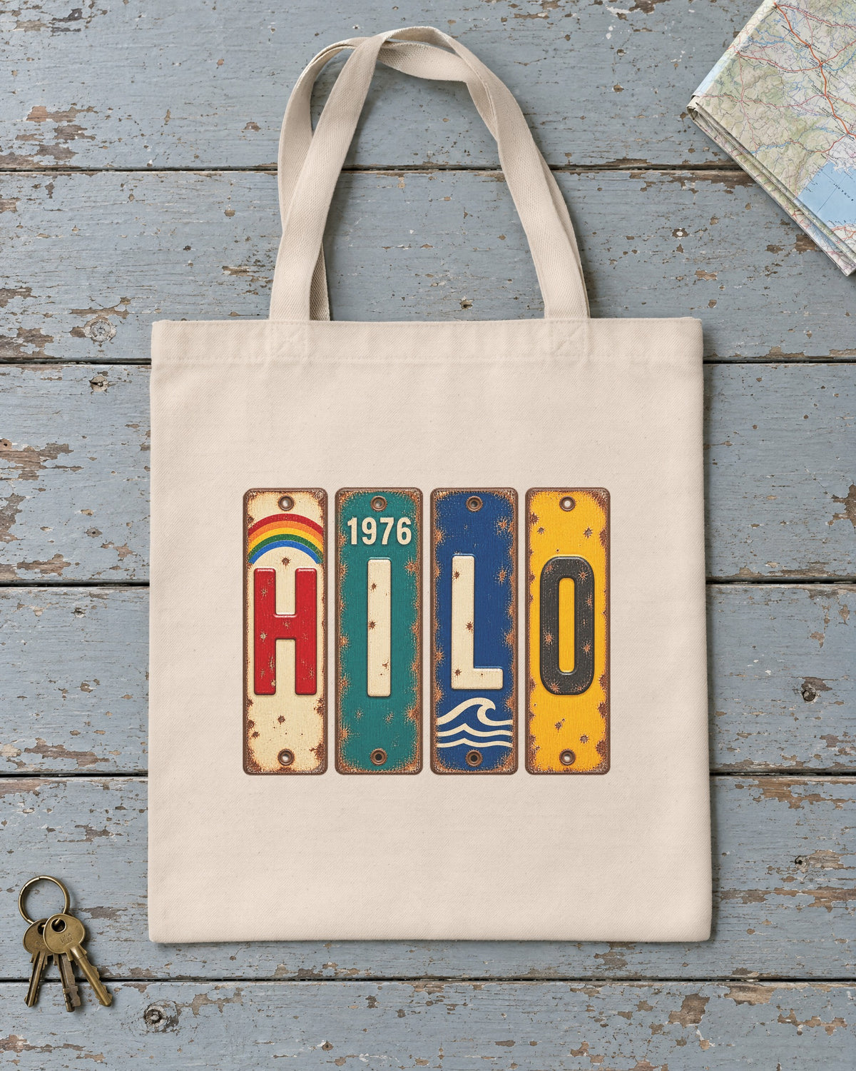 Hilo, Hawaii vintage license plate tote bag in Natural