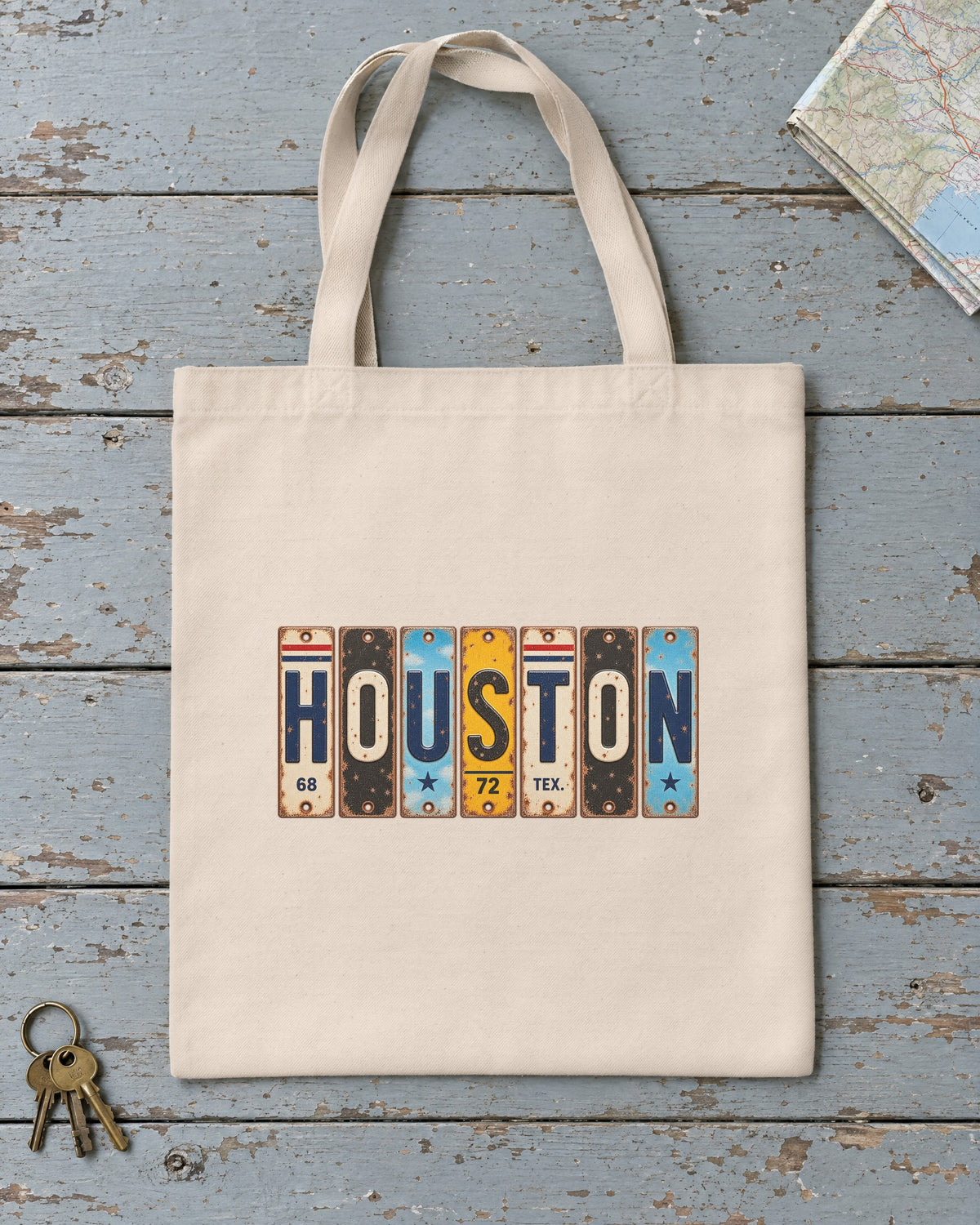 Houston, Texas vintage license plate tote bag in Natural