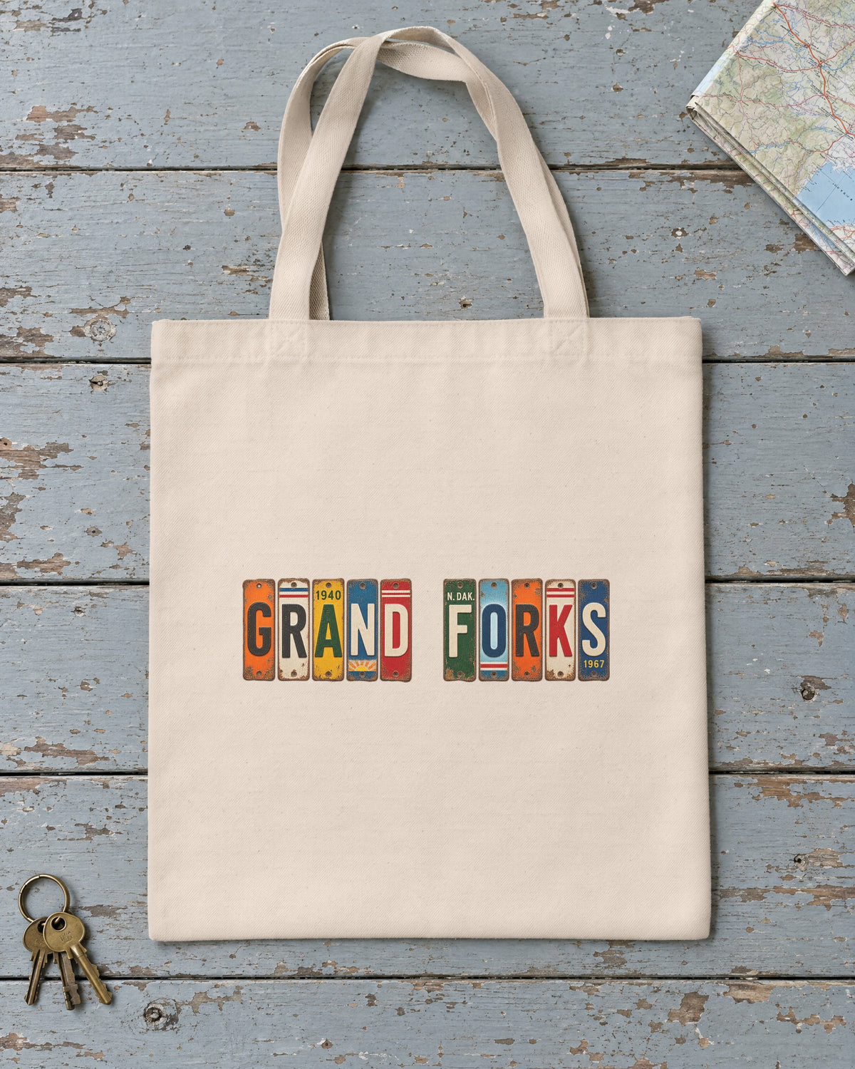 Grand Forks, North Dakota vintage license plate tote bag in Natural